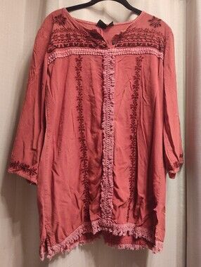 Anandas Collection Womens Boho Artsy Blouse L Red Embroidered Casual